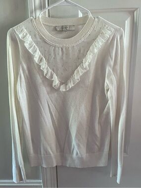 LOFT Cream Ruffle V-Yoke Long Sleeve Sweater